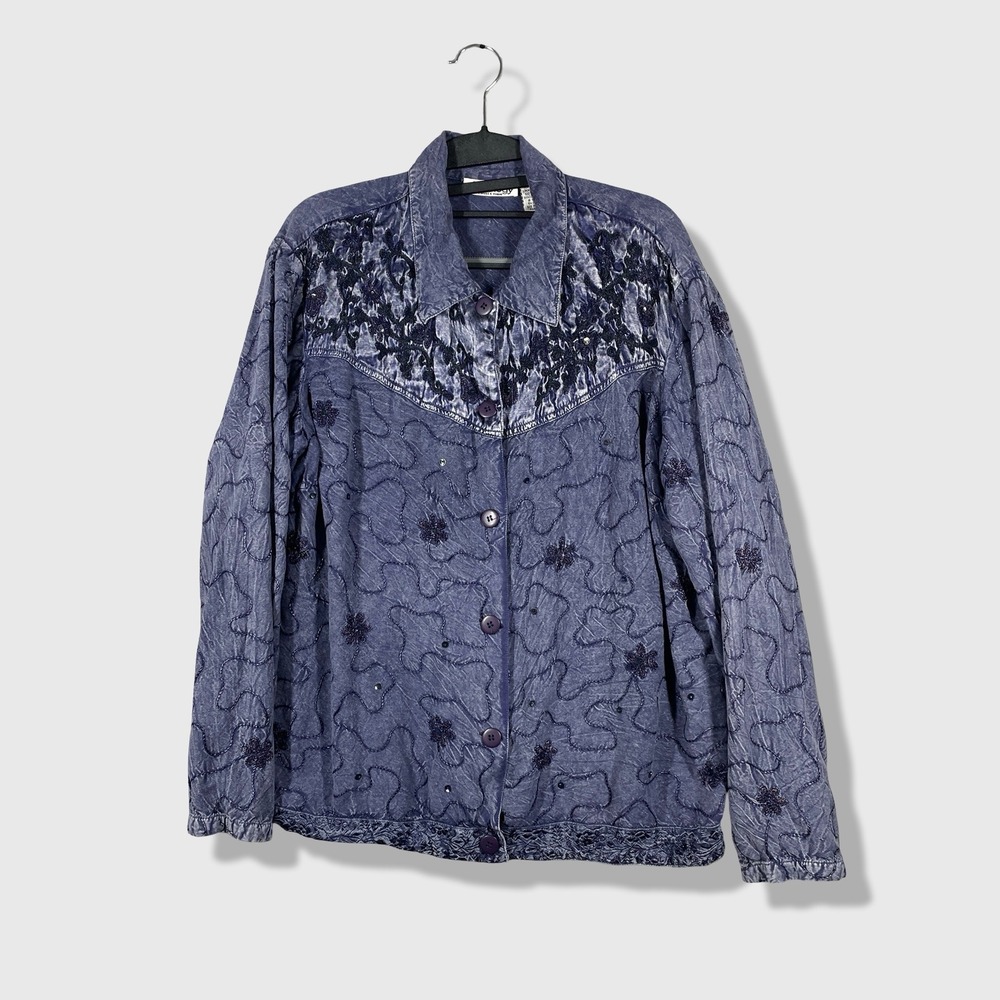 Newport News Jeanology Top Womens 14W Blue Embroidered Boho Artsy Maximalist